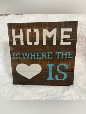 Home is where the 💙is brown wood sign with turquoise heart home decor
